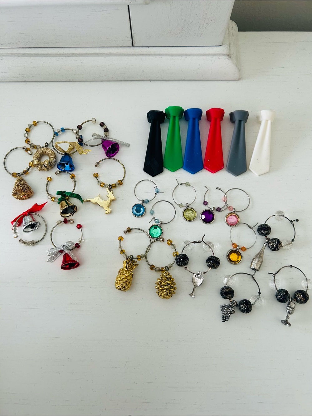 Wine charm sets of Holiday, pineapples, wineries, neck ties & colorful crystals